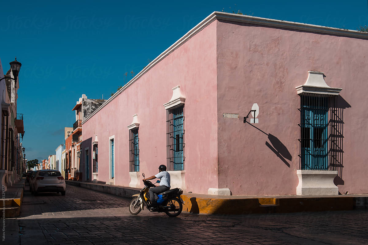 A motorcycle driver on the empty street of Mexico, Campeche