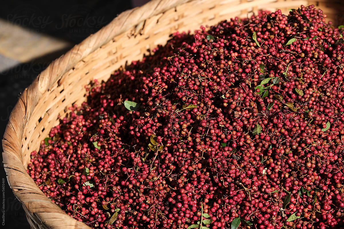 Closeup of freshly picked red peppercorns