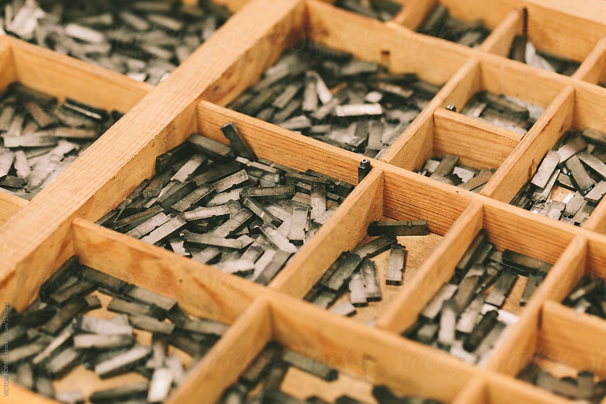 Lead Press Types on a Wooden Box