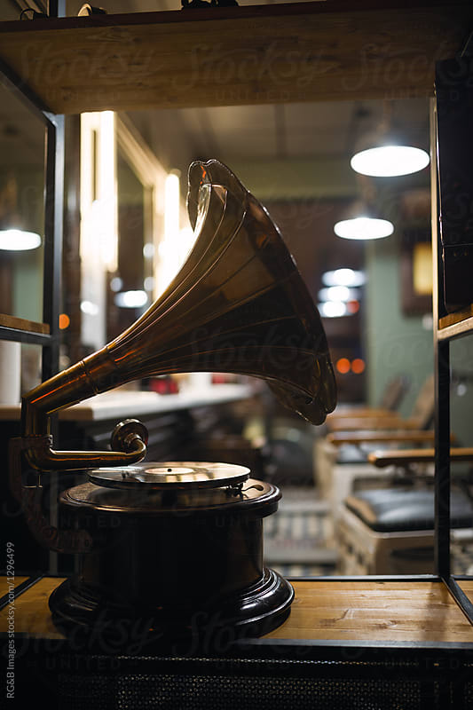 Close up on vintage gramophone from hair salon