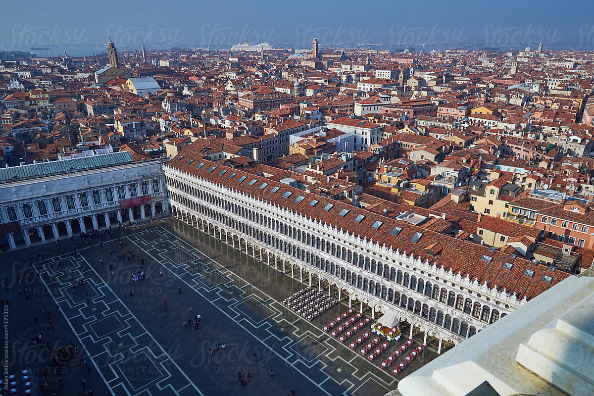 Venice city piazza, high aerial view at high tide floods