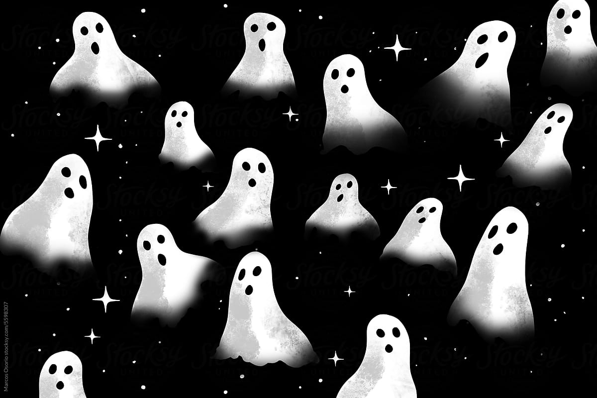 A group of white ghost faces on a black background