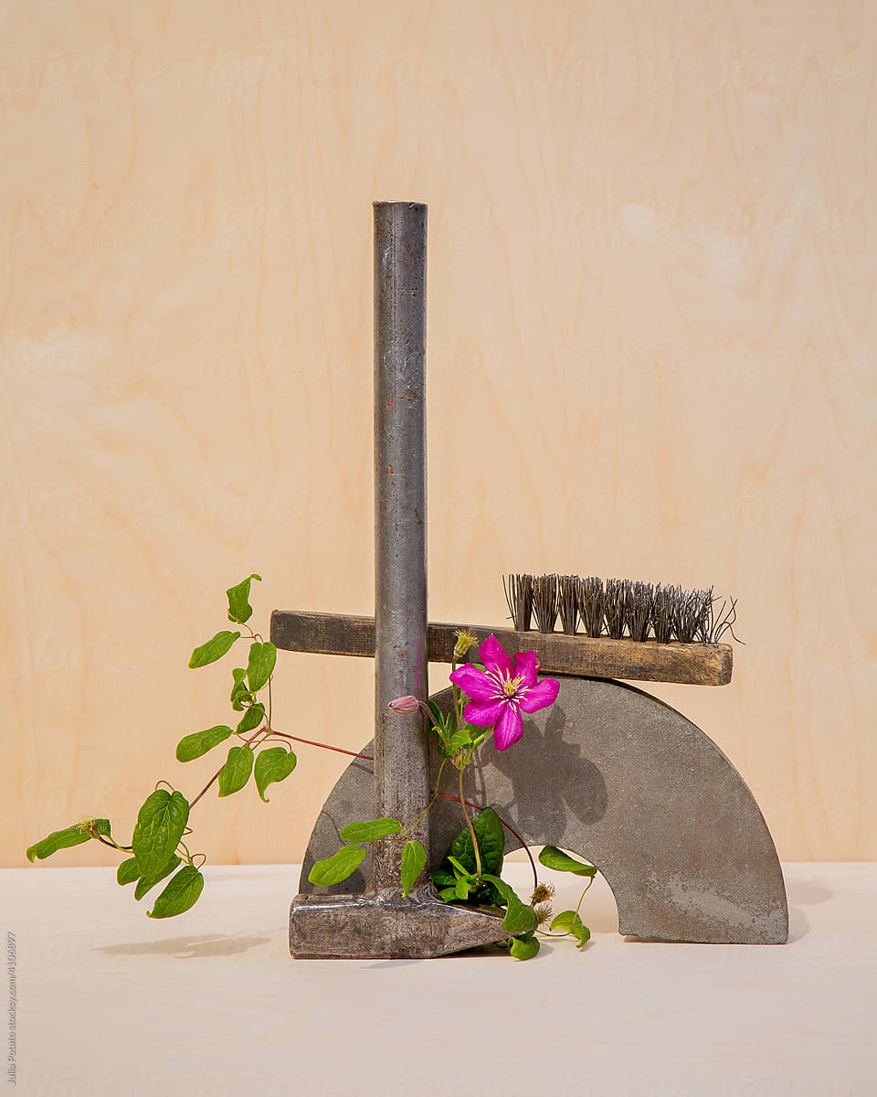 Old construction tools with flower