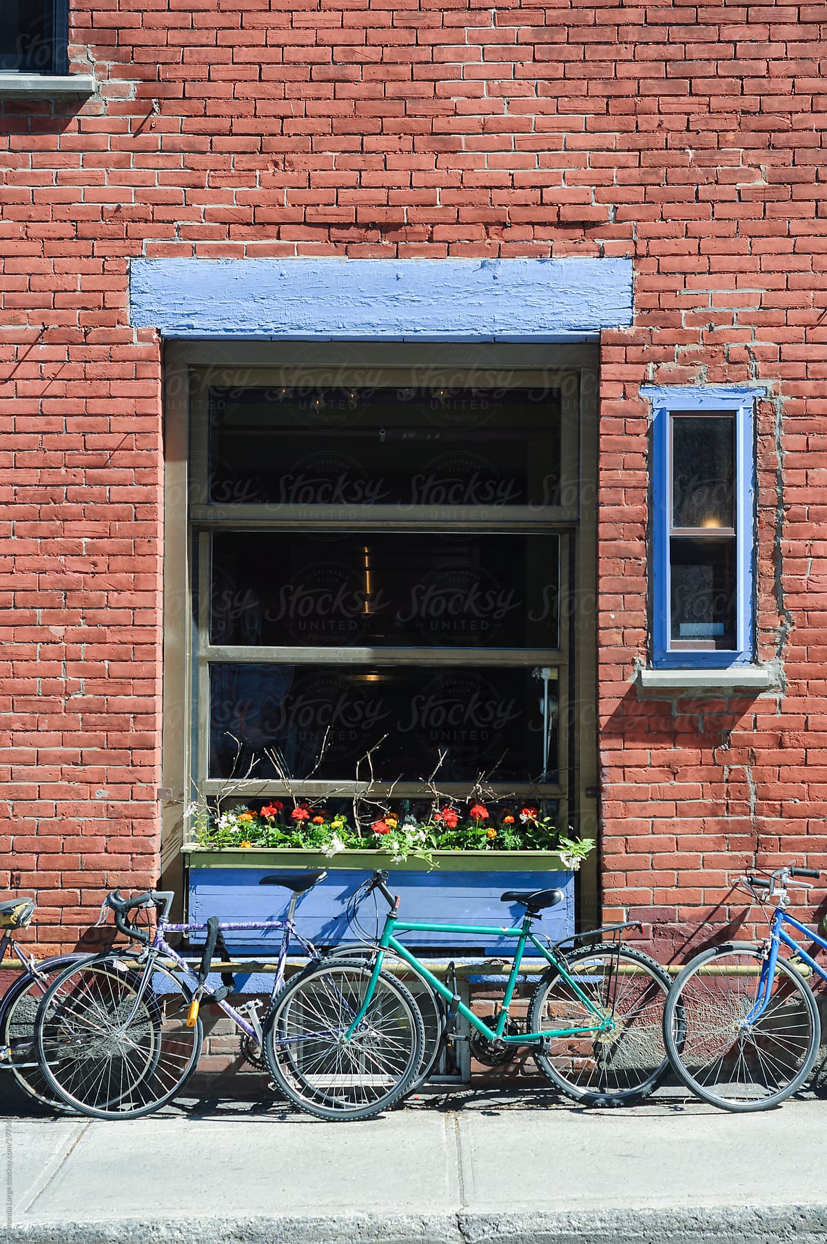 bikes chained up next to a brick wall on a sunny day