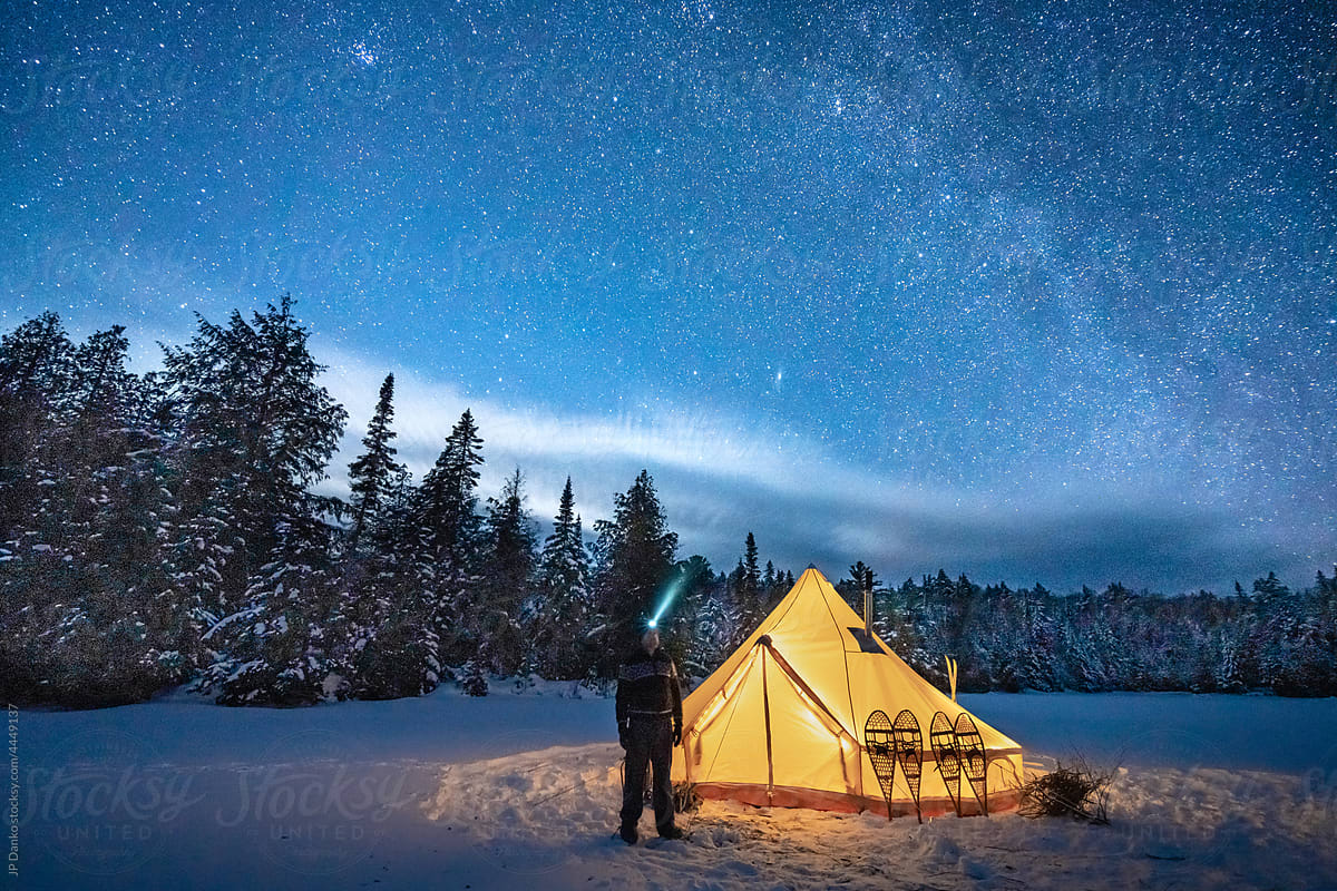 Canvas Tent with Winter Starry Milky Way Galaxy Night Sky