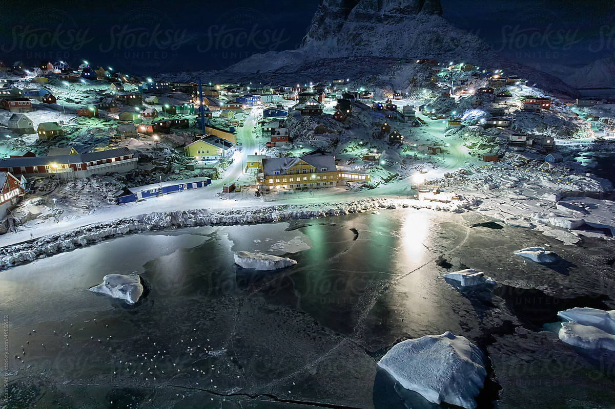 Greenland Arctic winter polar night - remote village lights, darkness