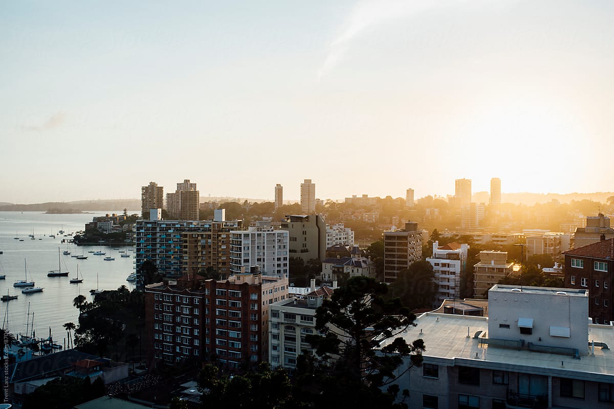 Panoramic view on Australian city at sunrise