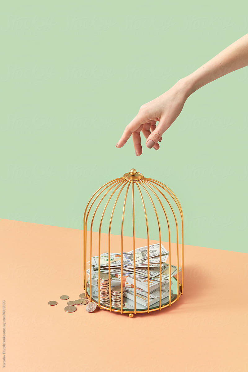 Dollar bills in cage with female hand above.