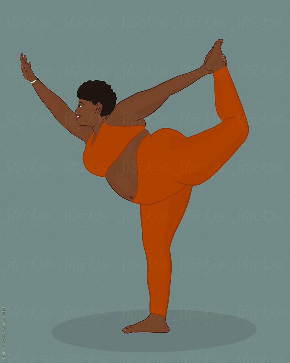 Curvy black woman doing Standing Bow yoga asana