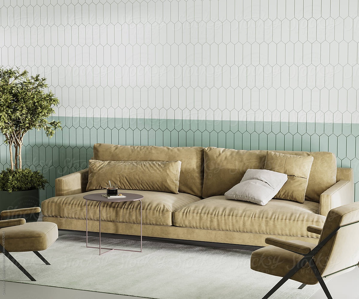 Living room interior, beige sofa and armchairs, green and white wall