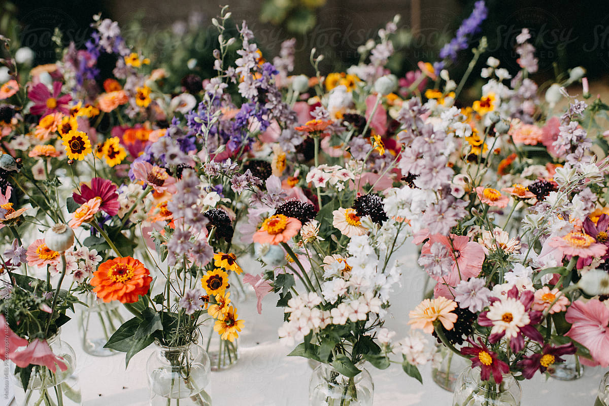 Bright and colorful bouquets on a white table top
