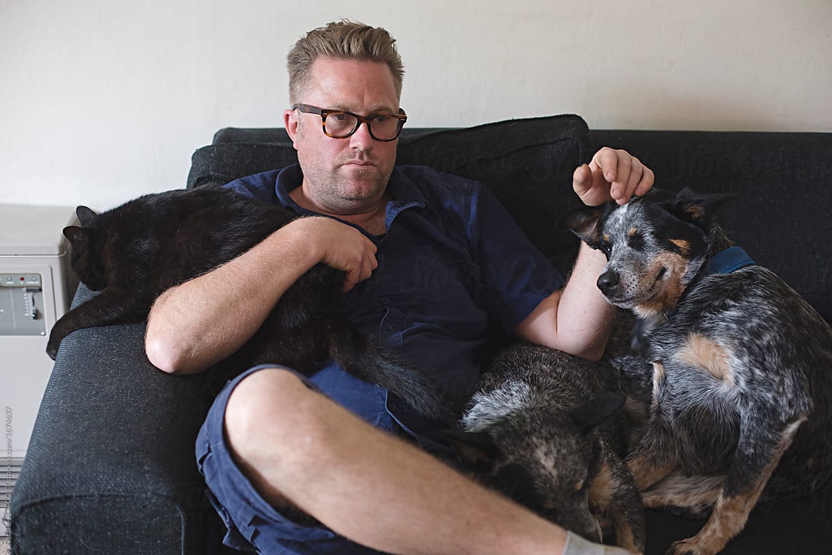 Man relaxes after work watching television with his pet dogs and black cat