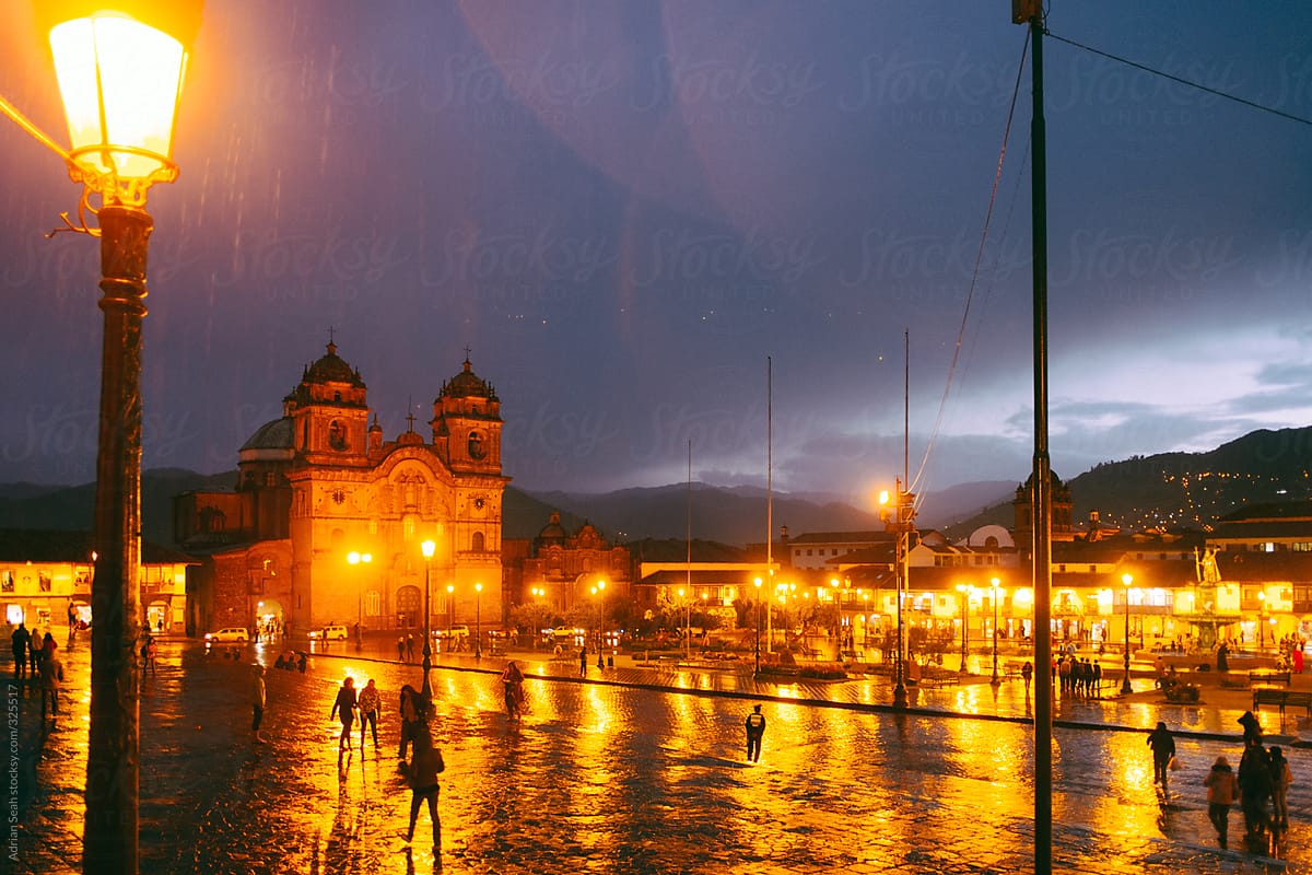 Plaza de Armas in Cusco, Peru, in the rain