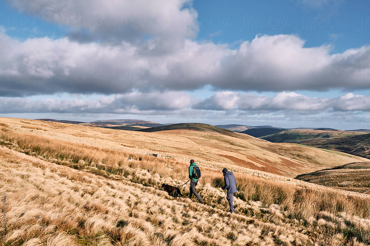 Father and son walking in the Cheviot Hills. Northumberland, UK.