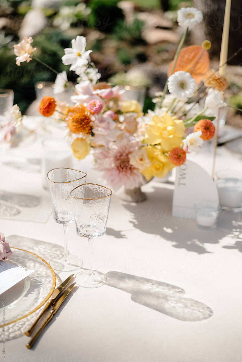 festive table set up with flower composition