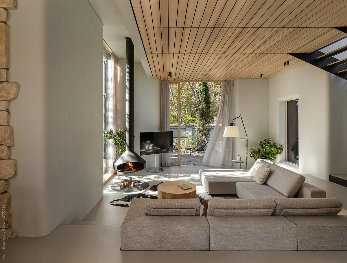 Contemporary interior of suburban home from natural materials