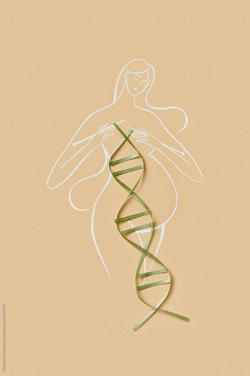 Linear art of pregnant woman knitting DNA molecule structure