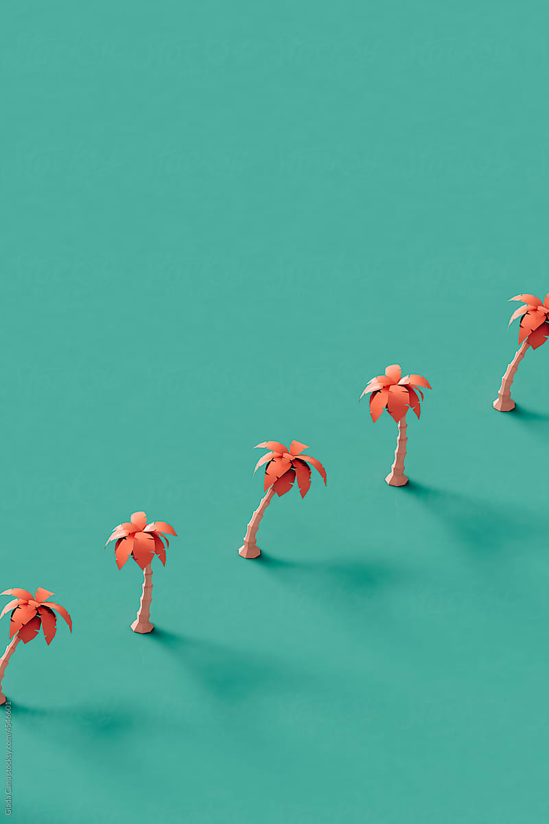 a line of low poly palm trees with copy space