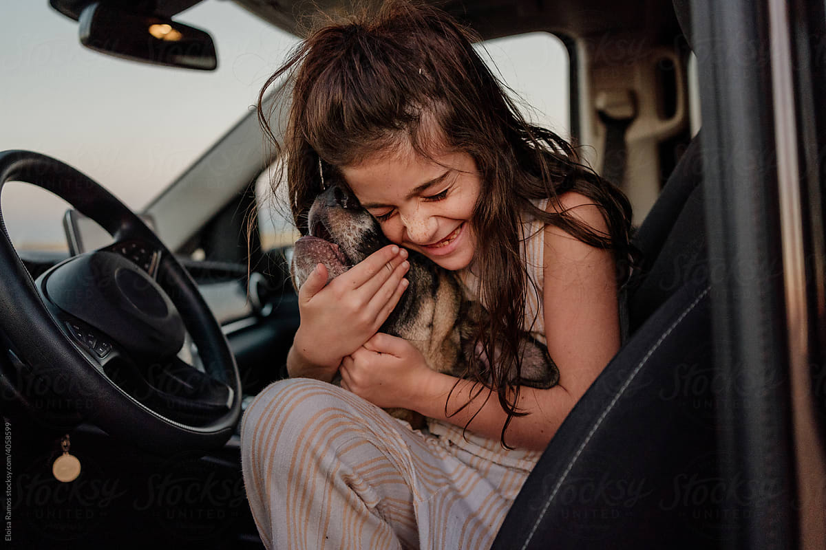 Dog and girl stroking inside a car