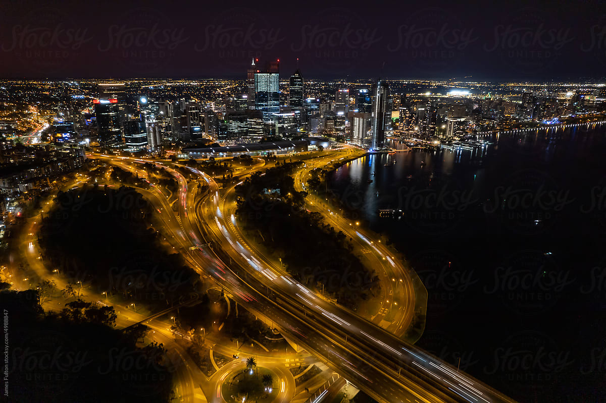 Aerial of Perth City Western Australia at night