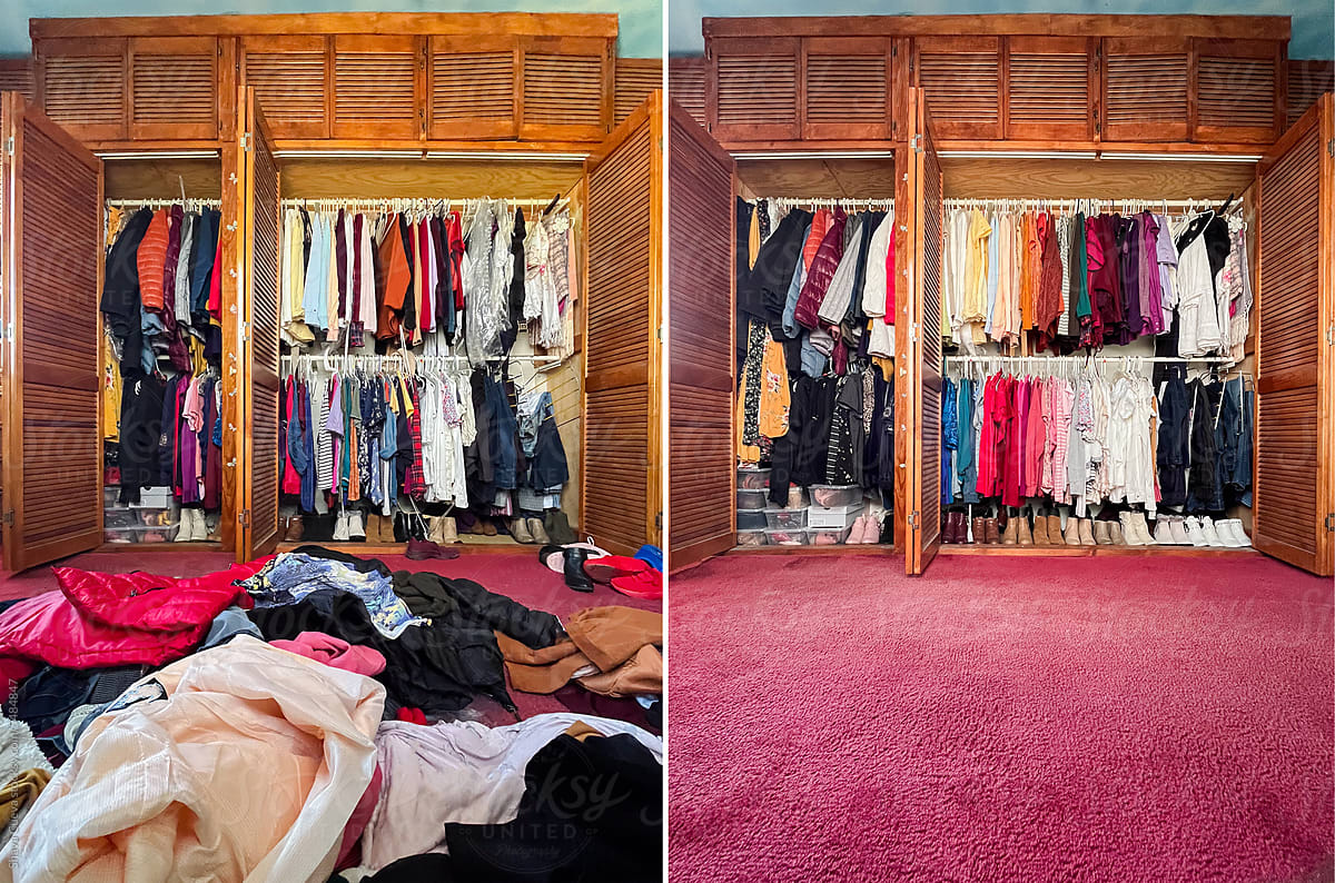 Before and after side by side diptych of a closet from chaos to order