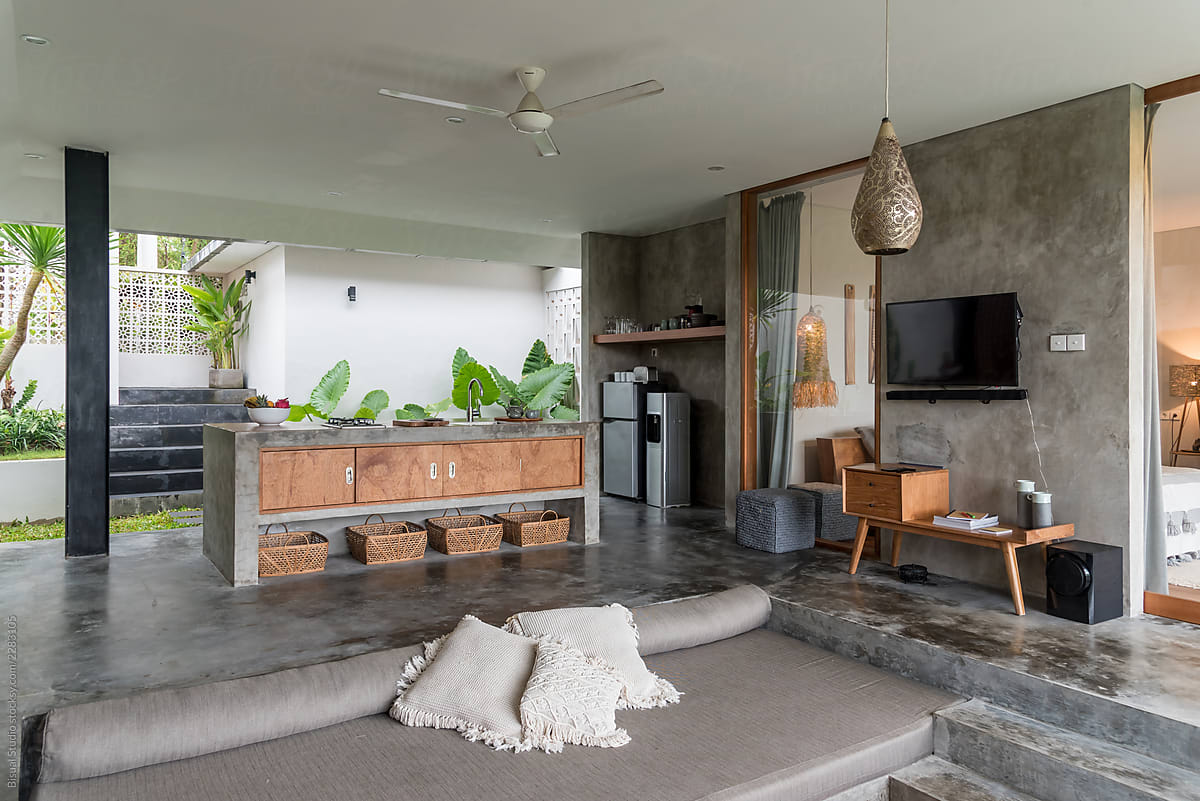 Modern Open Living Room Amd Kitchen In Luxury Villa Bali By