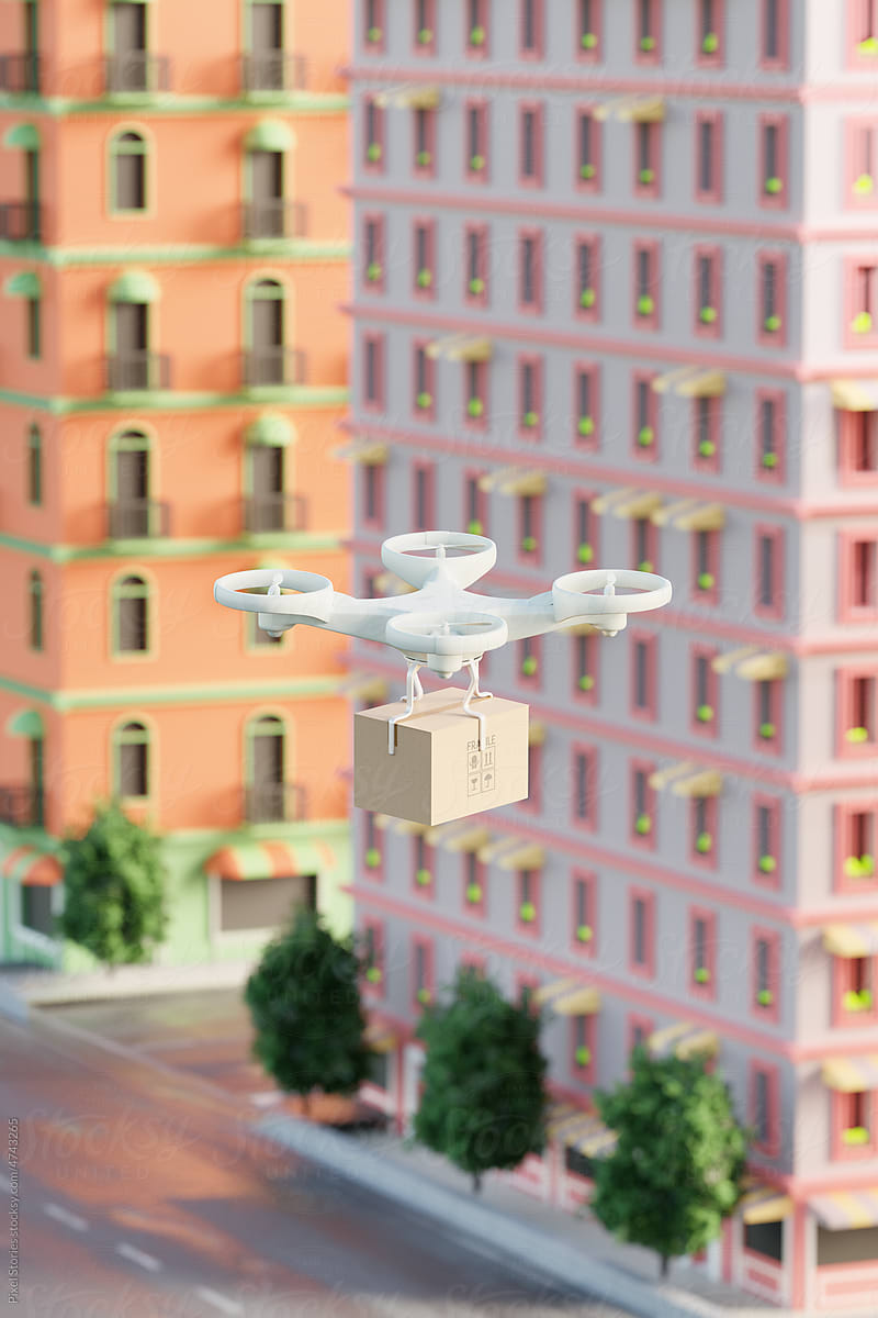 Logistics: Drone shipment package delivery in city