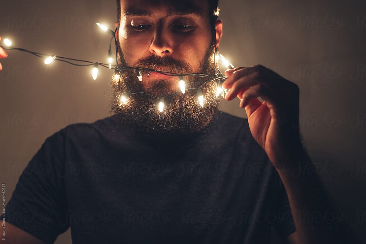 Funny Guy With Beard Confused About Christmas Lights