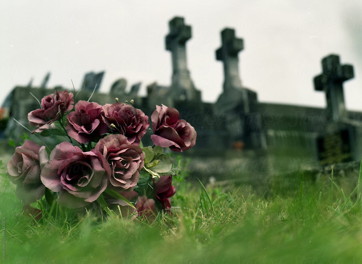 Dusty old scan of fake flowers on a grave