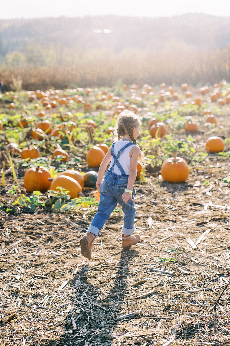 farm girl runs in pumpkin field