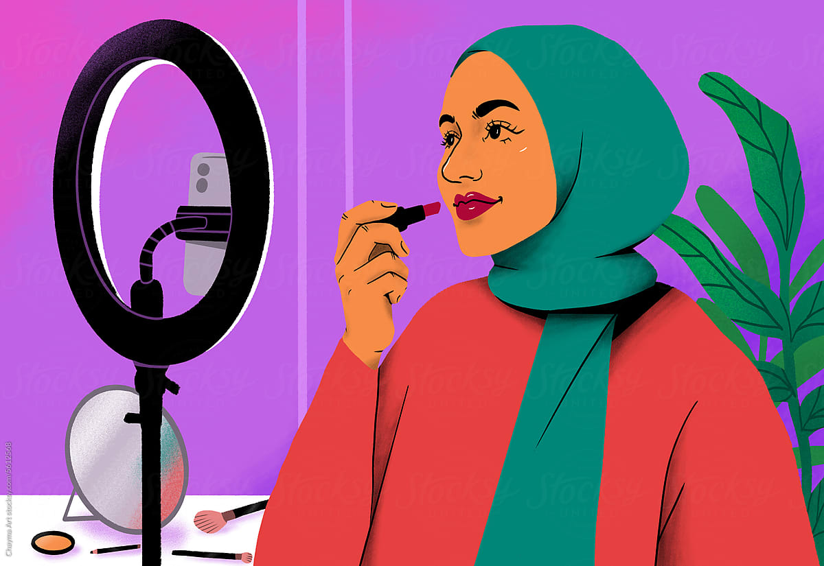 Illustration of Hijab-Wearing Influencer Vlogging Makeup Application