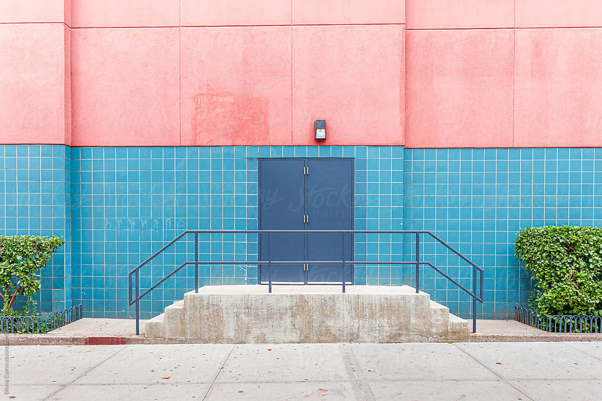 colorful blue and pink wall with bushes on the sides