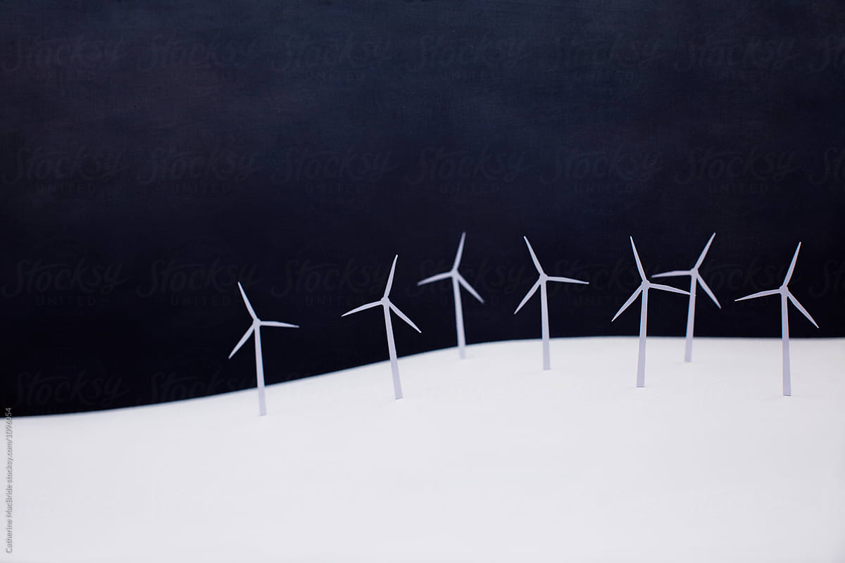 Modern paper landscape with paper wind turbines...