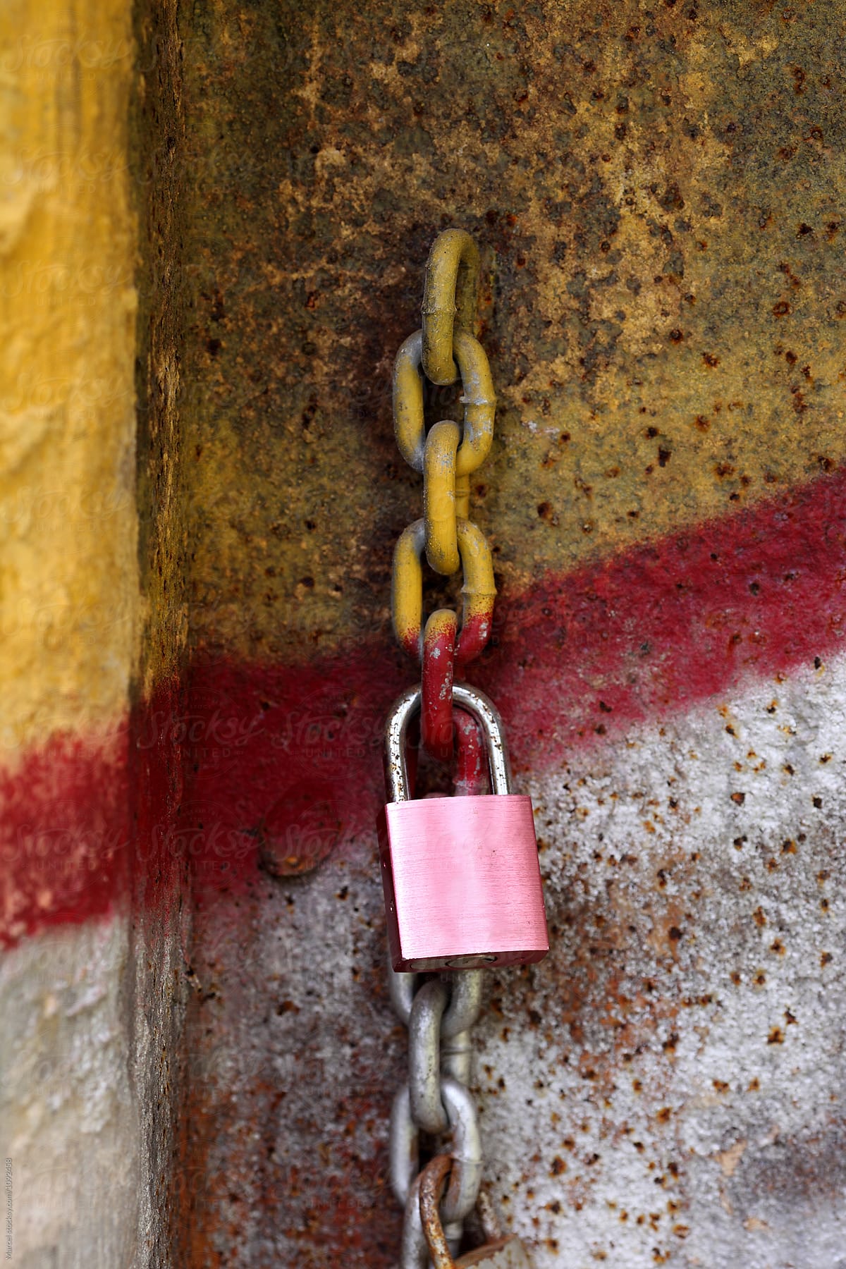 Love padlock on rusty old graffiti wall