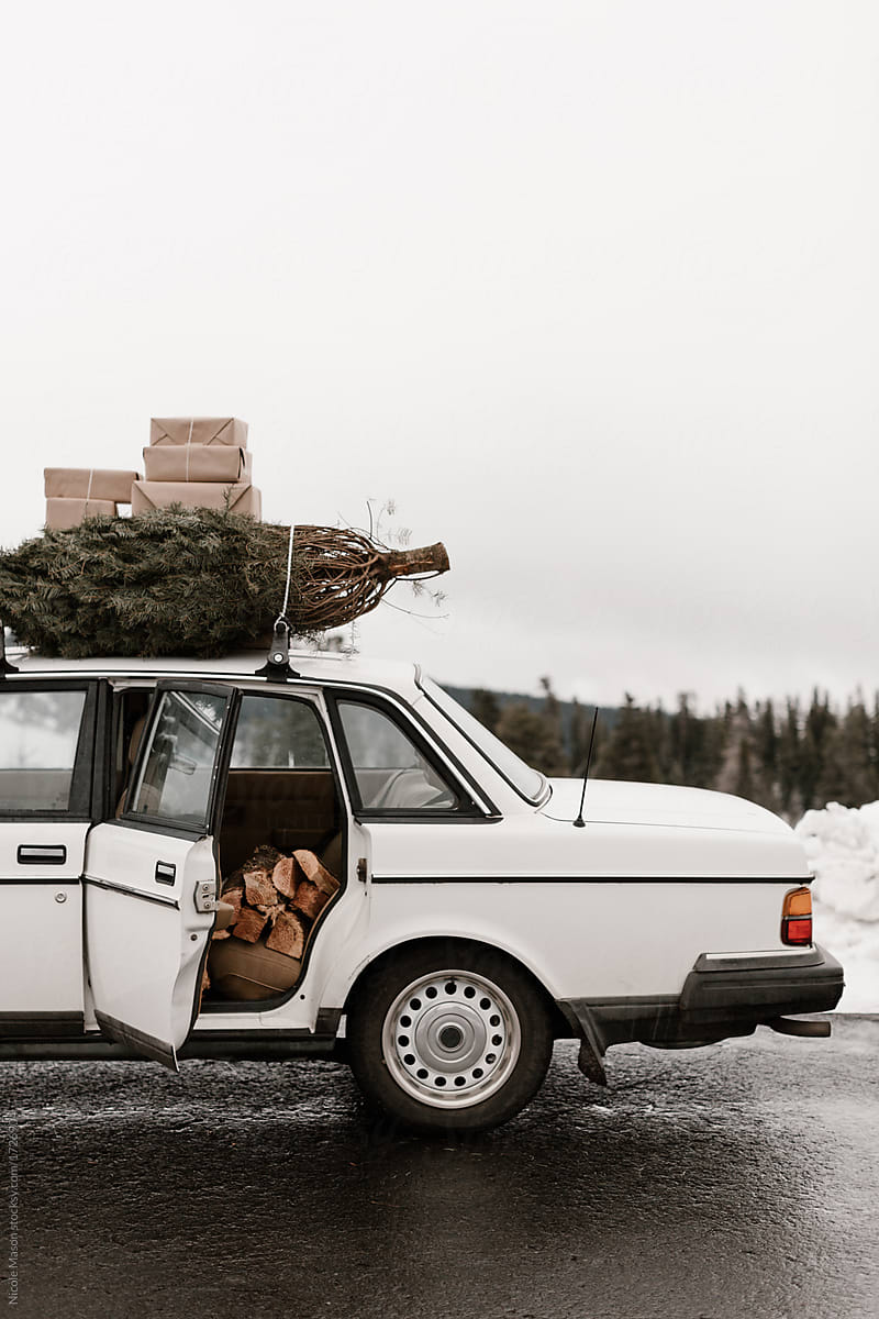 car ready for the holidays with tree and brown packages on top and firewood in the back seat