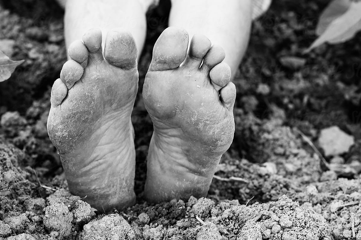 Worn dirty feet in soil