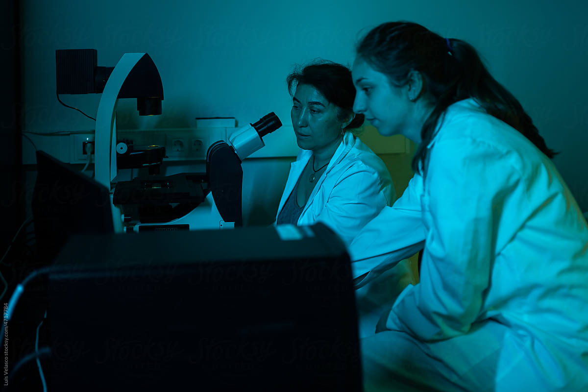 Scientists Researching In The Laboratory With Blue Lights.
