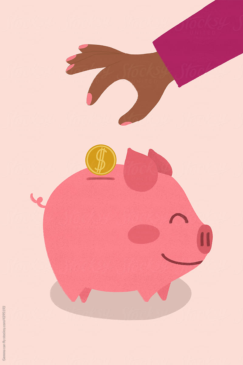 Person saving money in Piggy bank illustration