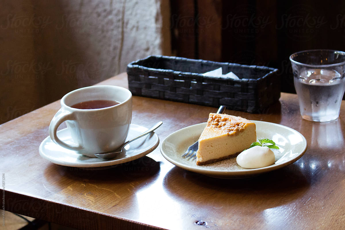 Cheesecake and tea in a Japanese coffee shop