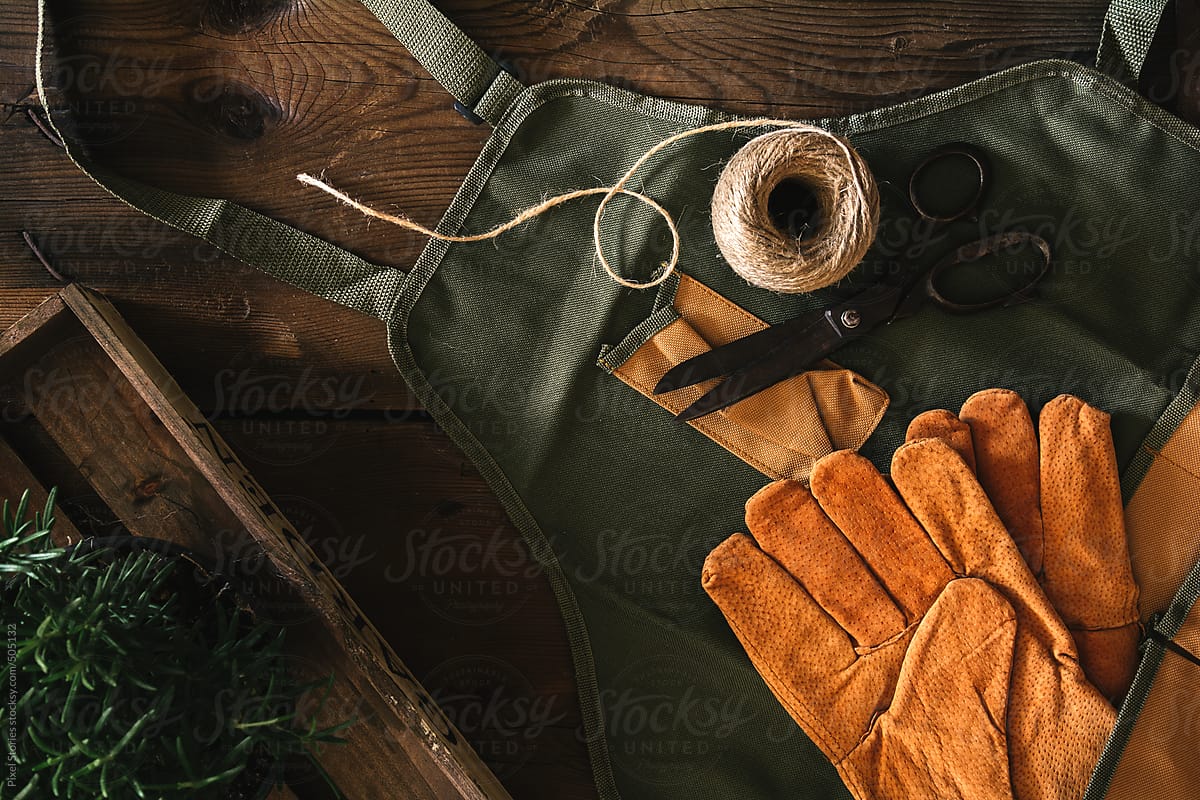 Gardening apron, gloves, hemp cord, rusty scissors, and rosemary in pot