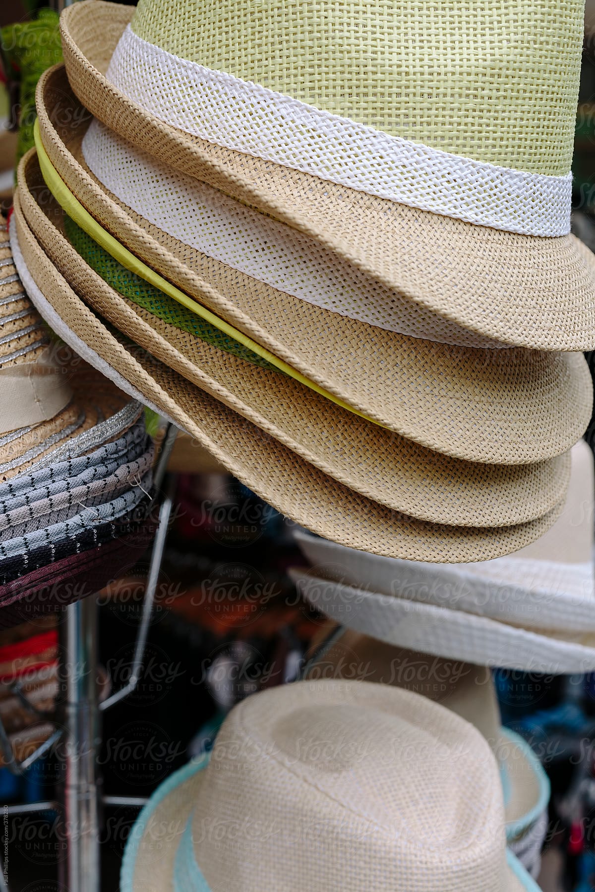 Stand of men\'s summer hat\'s for sale in a tourist shop
