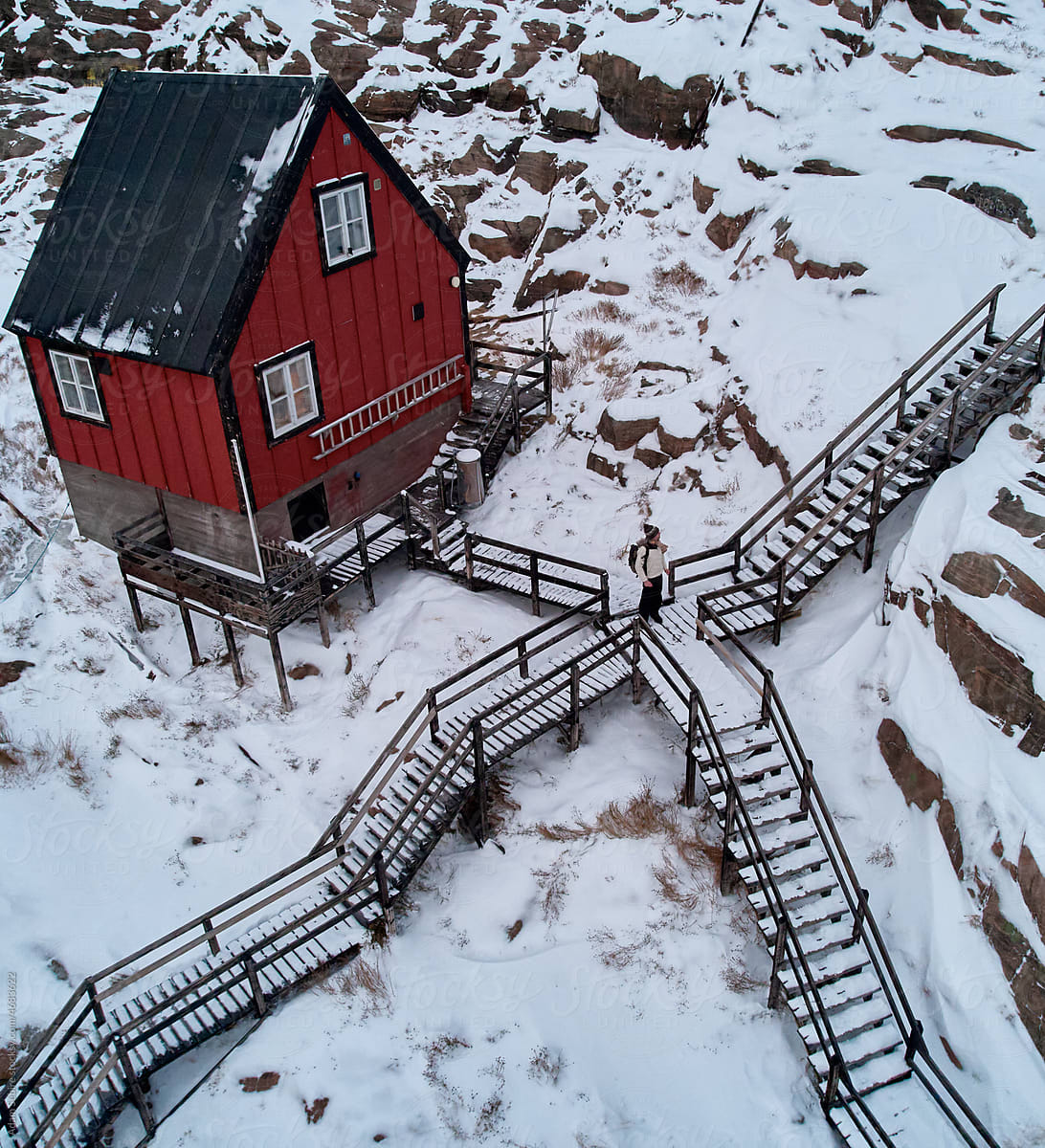 Greenland Arctic, cute red tiny house, Escher stairway, crossroads