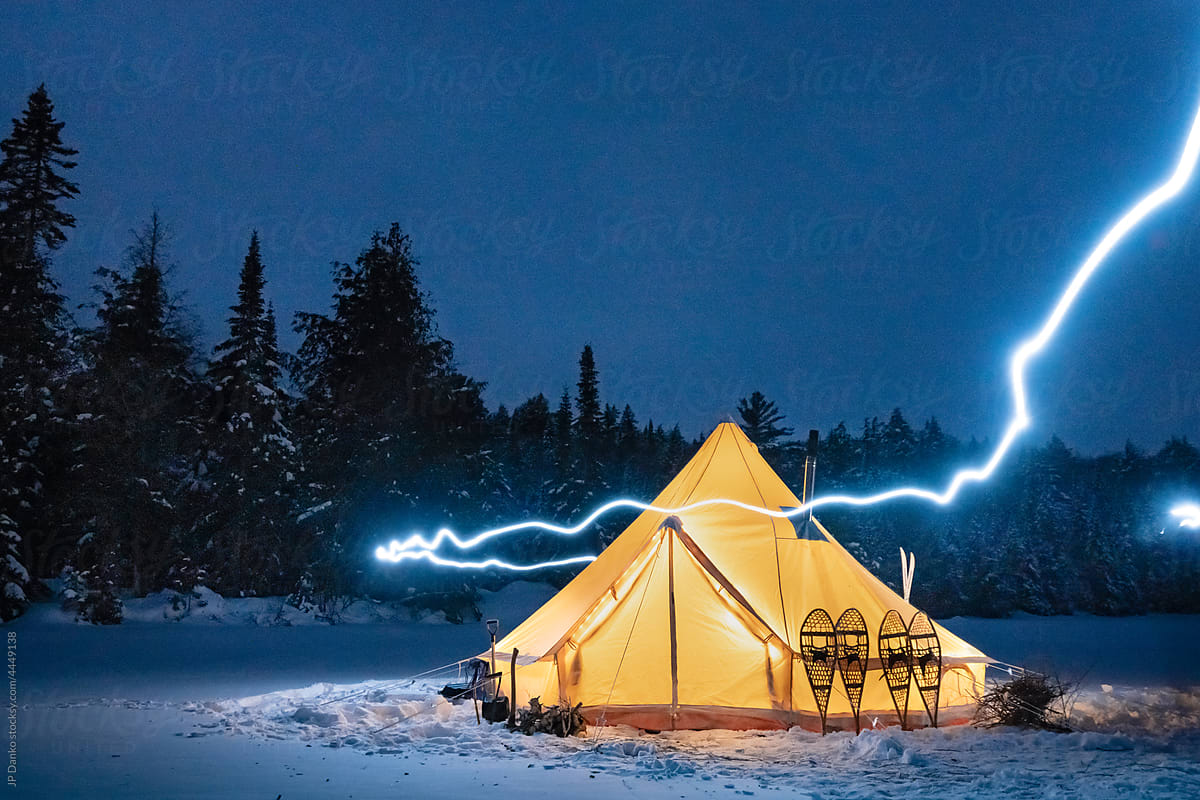 Light Painting Tent with Winter Wilderness Night Sky Landscape