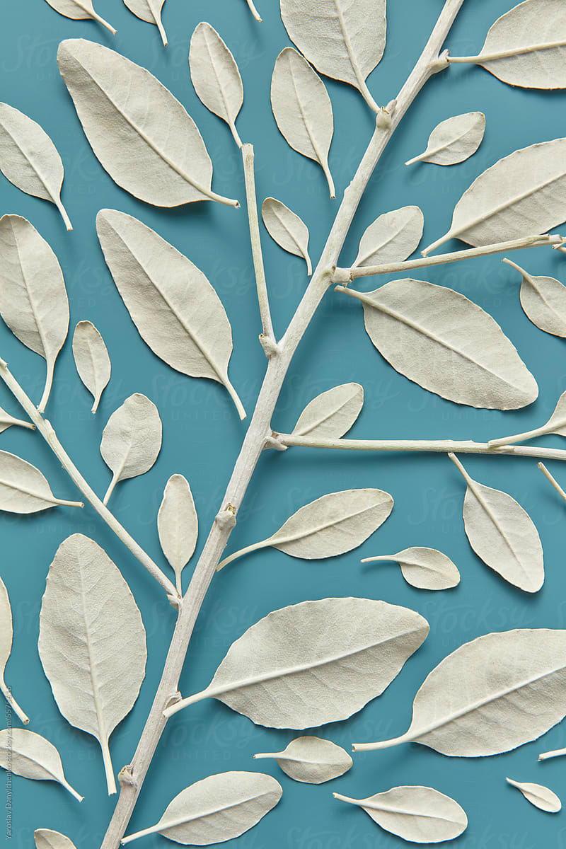 Natural seamless pattern of silver painted leaves and twigs