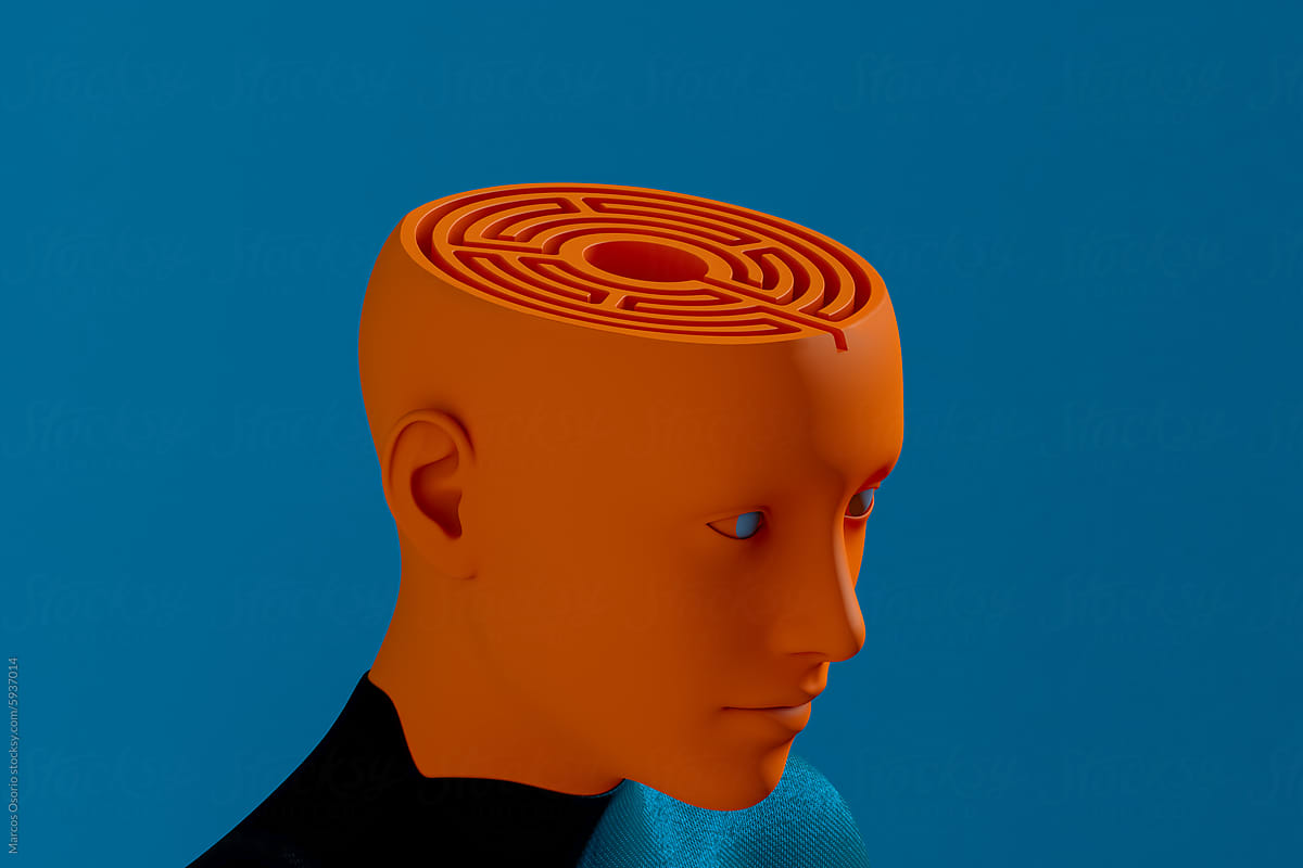 Human head with intricate maze design