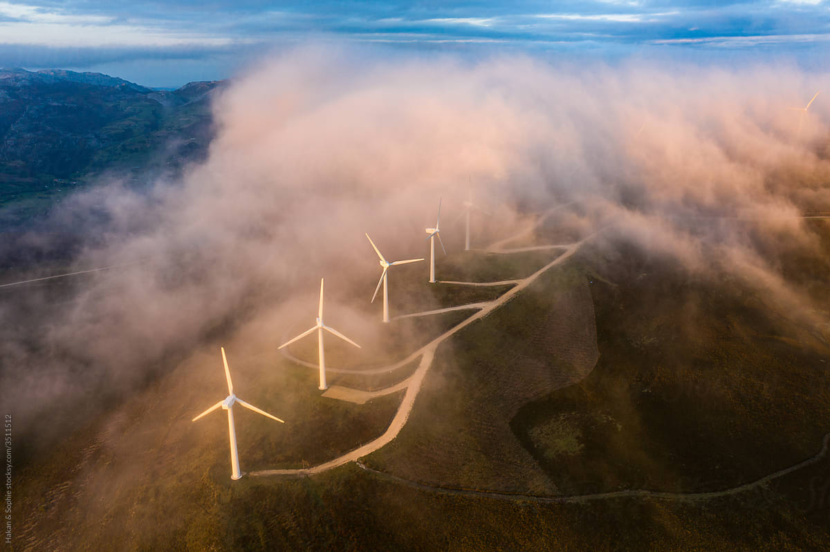 wind farm in a cloud from above