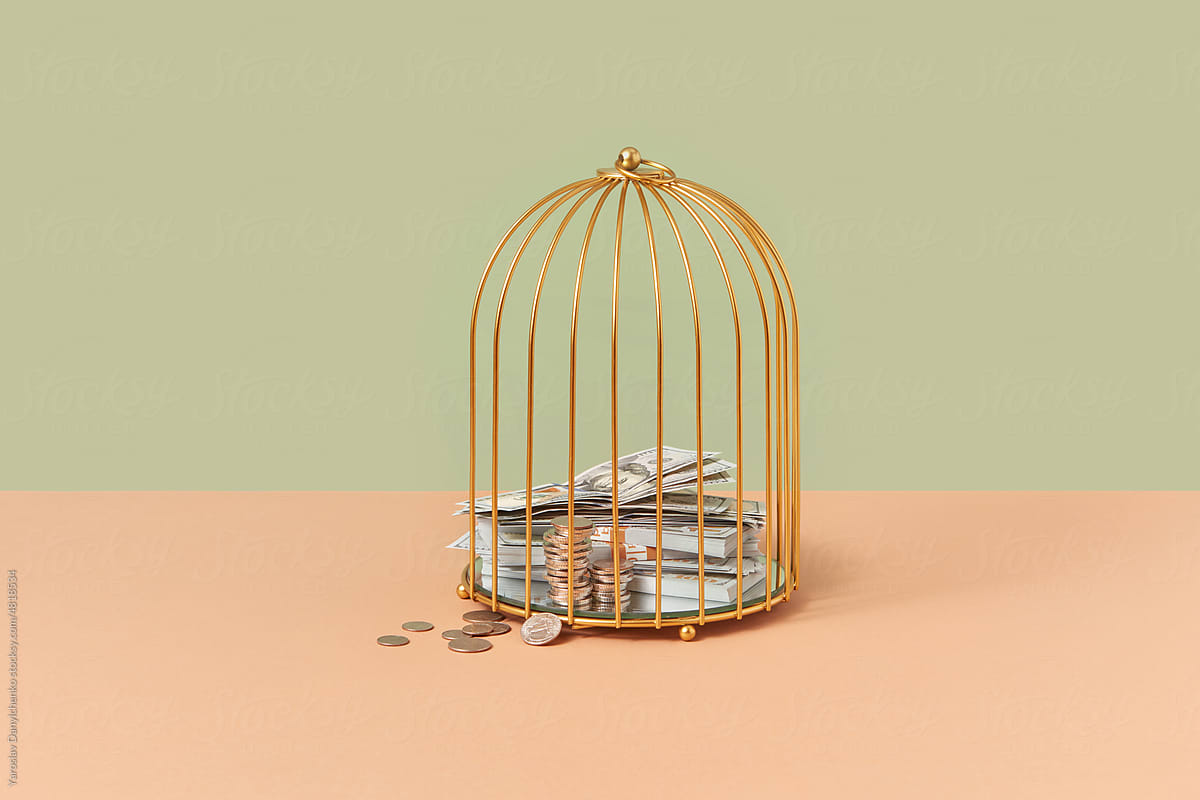 Dollar bills and cents inside golden cage.