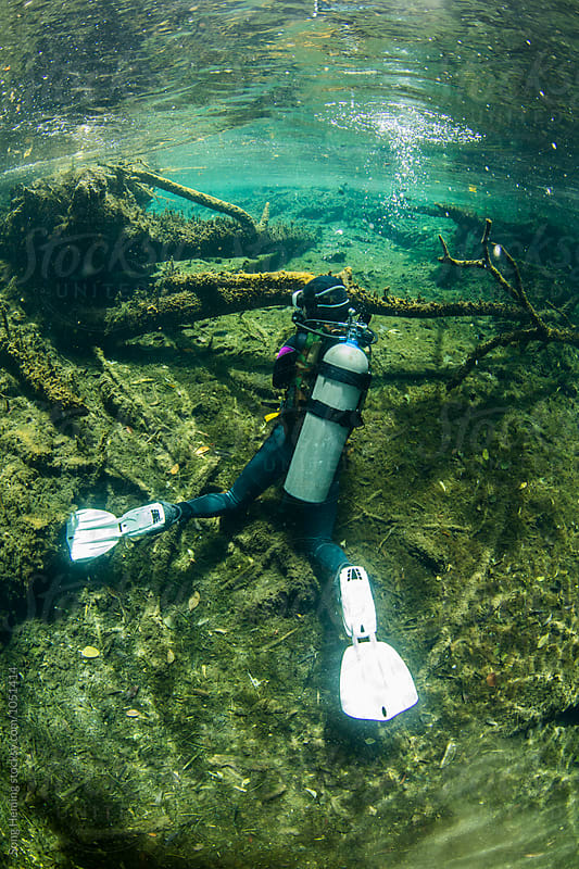 A scuba diver swimming in Mexico\'s  Cenote Kukulcan