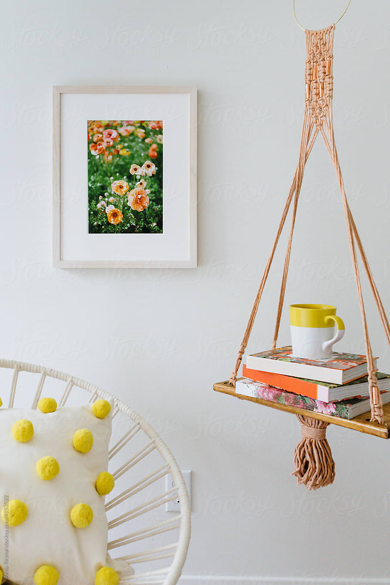 Framed art with boho hanging shelf