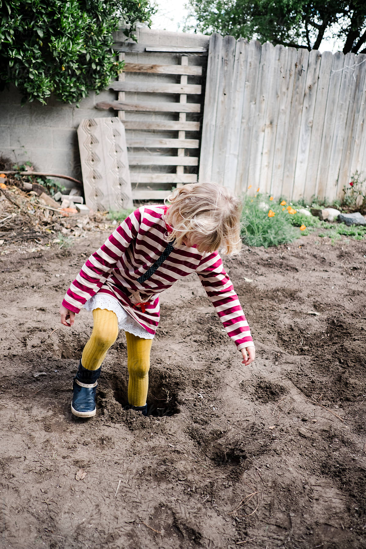 little girl stepping in a hole she just dug.